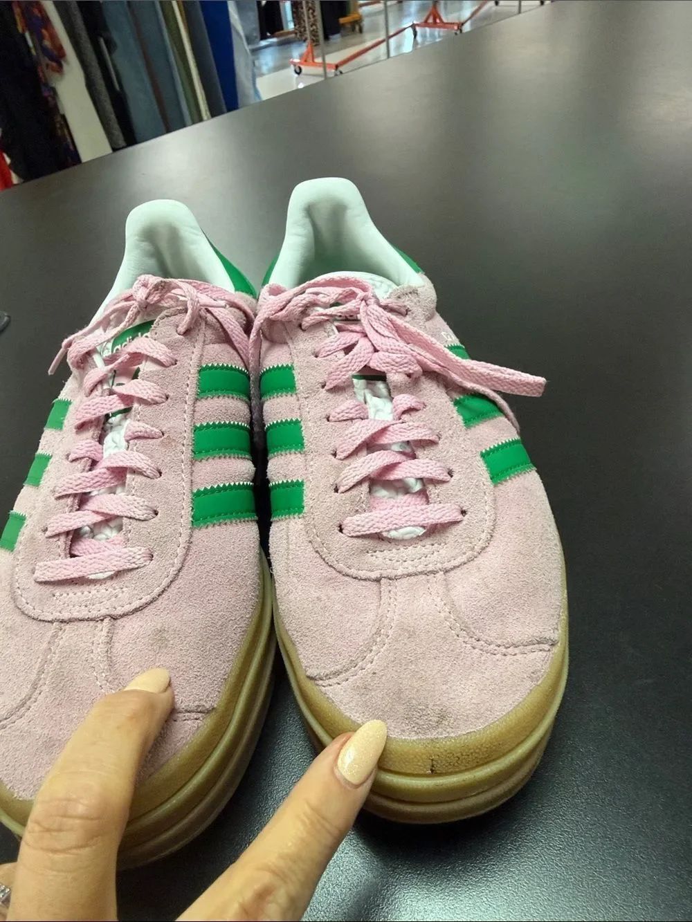 adidas Pink Suede Sneakers with Green Stripes and Gum Platform - Picture 7 of 10